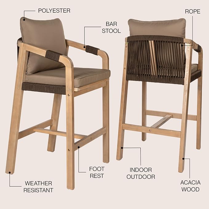 JONATHAN Y BSL1200C-SET2 Porto Modern Coastal Tub Roped Acacia Wood Outdoor Bar - Image 3