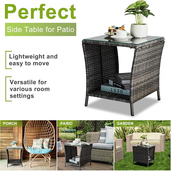 Outvita Outdoor Side Table, Rattan Coffee Table Small End Table - Image 6