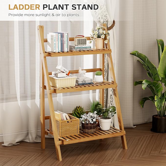 39.4" Foldable Plant Shelf Ladder Shelf, 3 Tier Bamboo Ladder Flower Pot - Image 8