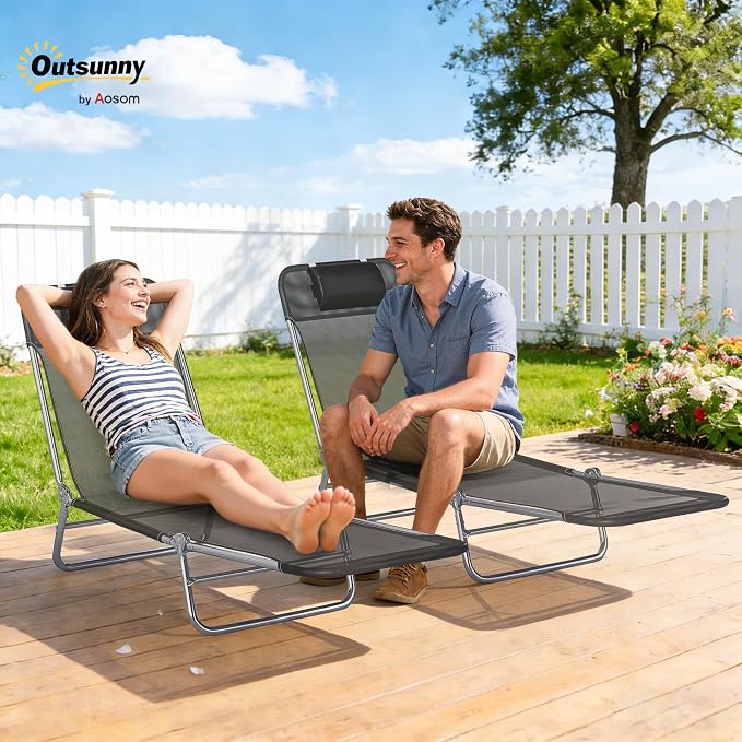 Outsunny 2 Piece Folding Chaise Lounge Chairs, Pool Sun Tanning Chairs - Image 2