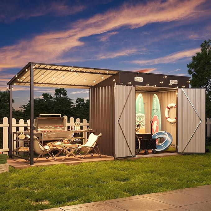 Aoxun 6x4FT Outdoor Storage Shed & Hardtop Gazebo Combo, 12x4FT Metal Lean to by Aoxun