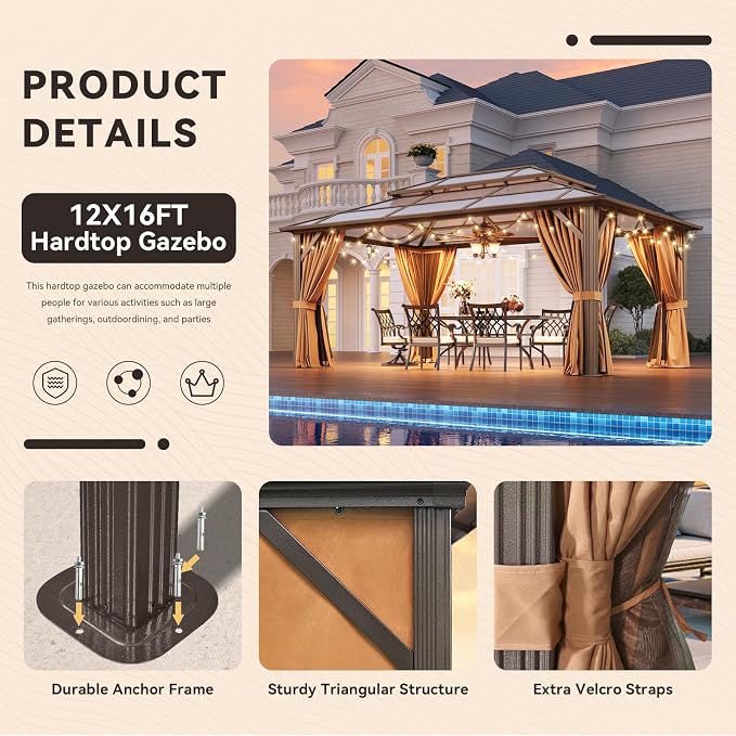 Aoxun 12'x16' Hardtop Gazebo, Outdoor Metal Gazebo - Image 8