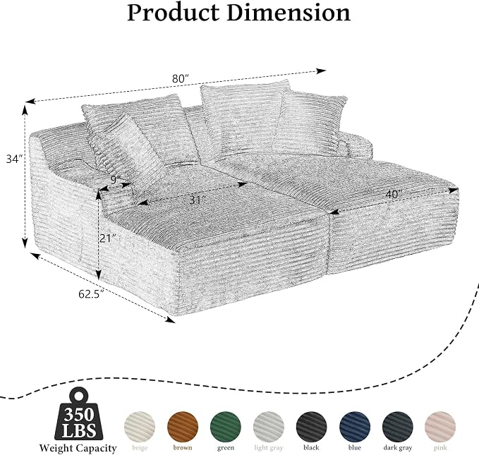 80" Double Chaise Lounge Chair Indoor, Oversized Boneless Couch Comfy - Image 2
