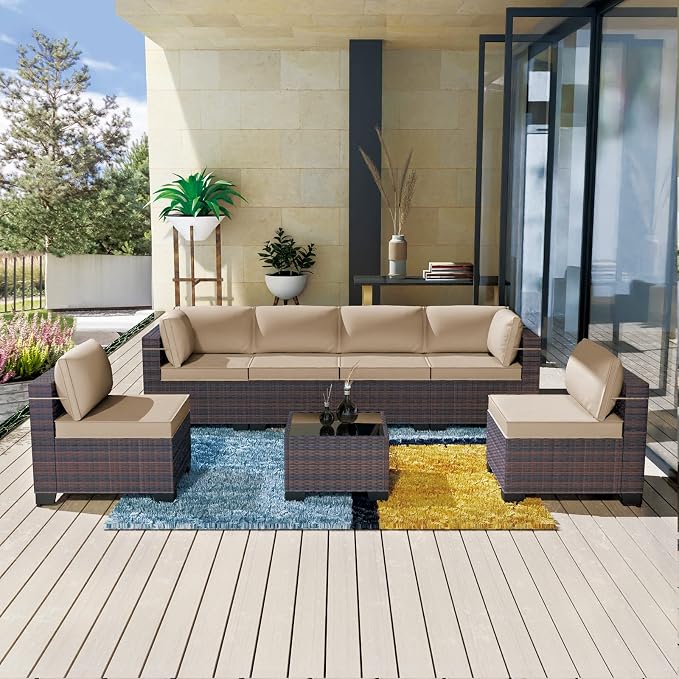 Kullavik 7 Pieces Outdoor Patio Furniture Set, Sectional Rattan Sofa Set Brown by KULLAVIK