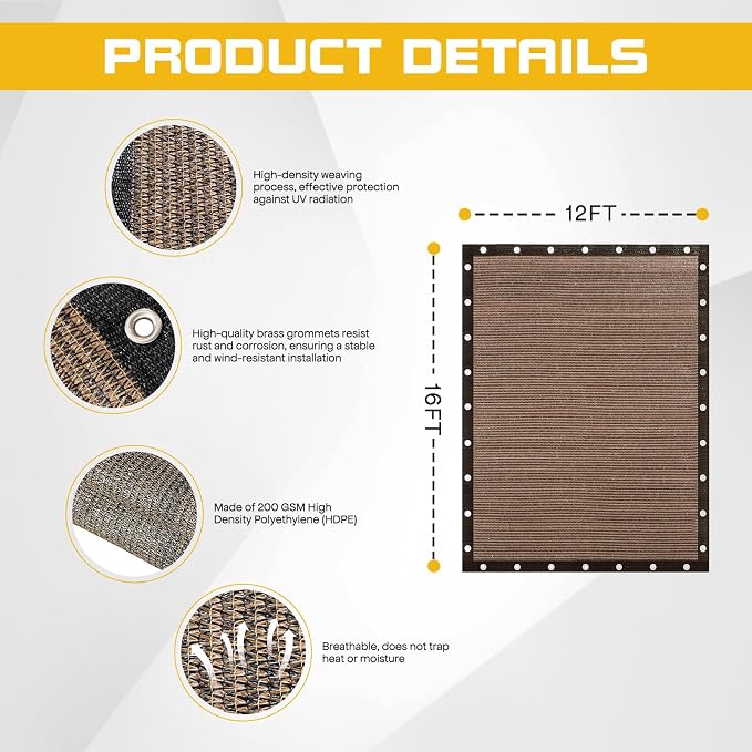 12'x 16' Sun Shade Cloth with Bungee Balls, Mocha Outdoor Pergola Shade Cover - Image 3