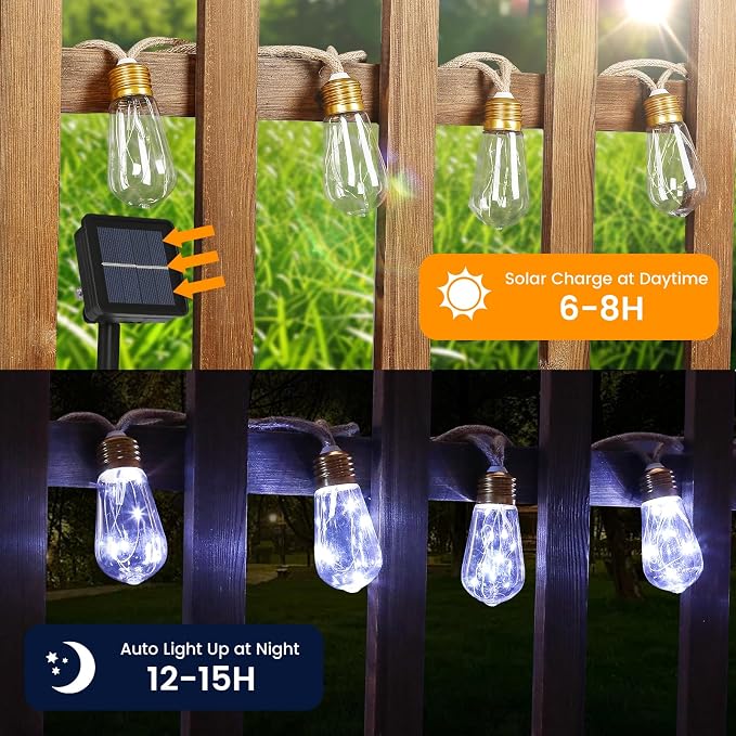 Solar Outdoor String Lights 24Ft Vintage Hemp Rope Solar Lights - Image 6
