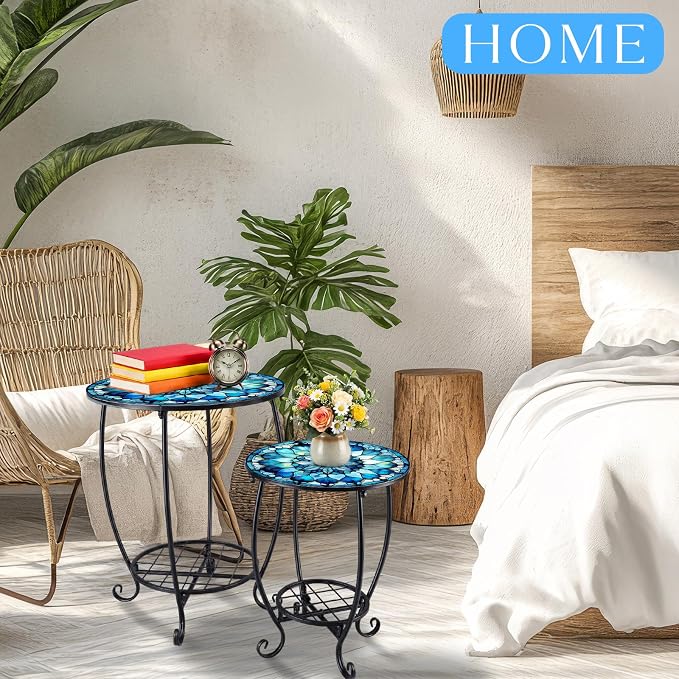 2 Pcs Outdoor Side Table Small Patio Round Mosaic Accent Indoor End Table Plant - Image 5