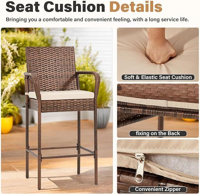ECOTOUGE Patio Wicker Barstools Set of 2, Outdoor Rattan Bar Height Chairs - Image 5