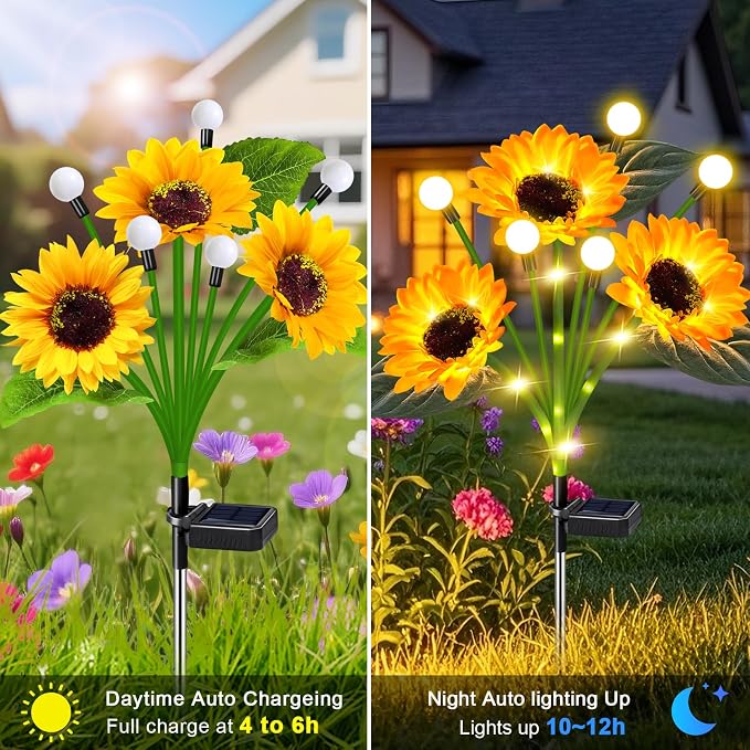 Sunflower Solar Lights Outdoor Garden Decor, Upgraded 4 Pack Solar Sunflowers - Image 7