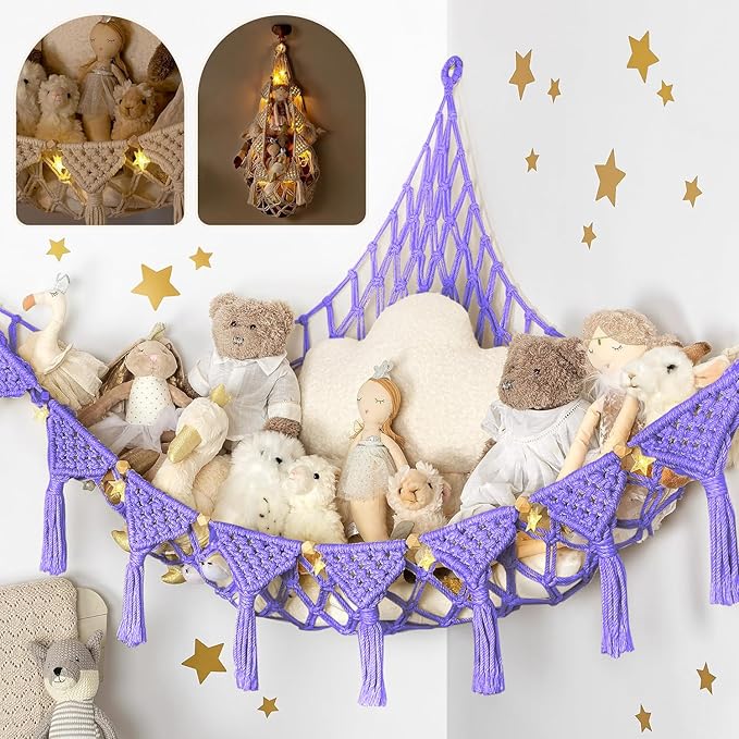 Macrame DreamLights Boho Stuffed Animal Storage Net Hammock Extra Large Plush by TIDYTEDS