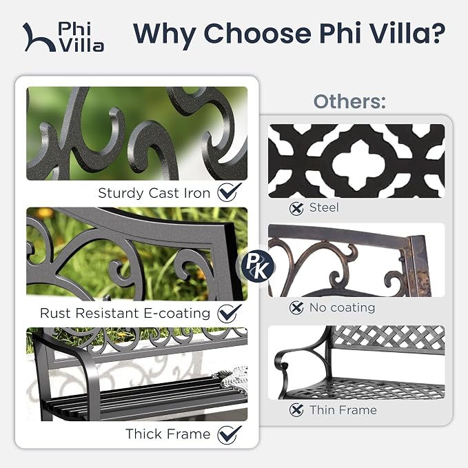 PHI VILLA 43 Inch Cast Iron Steel Frame Outdoor Garden Bench, Patio Furniture - Image 9