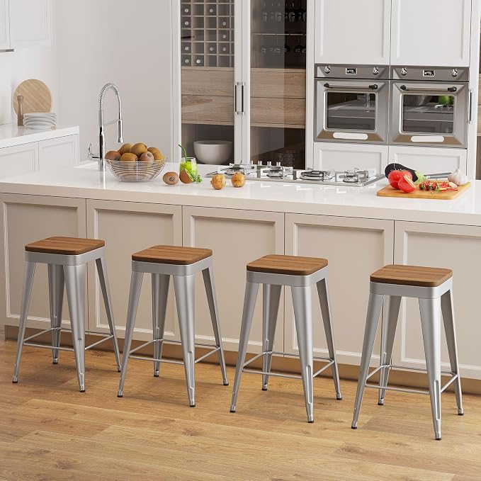 Bar Stools Set of 4 Metal Bar Stool Counter Height Bar Stools Sliver, Modern - Image 2