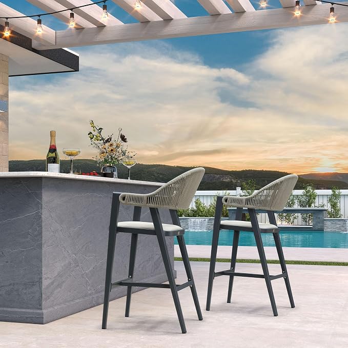 PURPLE LEAF Outdoor Bar Height Bar Stool Set of 2 Rattan Bar Chair - Image 3