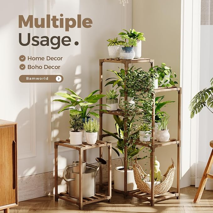 Bamworld Plant Stand Indoor Corner Plant Shelf Wood Plant Holder - Image 3