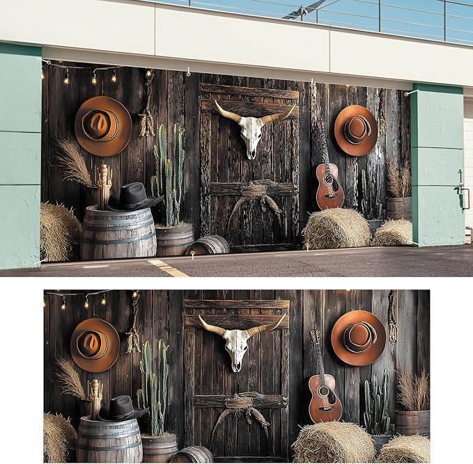 ANNA QUEEN Western Cowboy Garage Door Banner 6x13FT, Rustic Barn Door Backdrop - Image 6