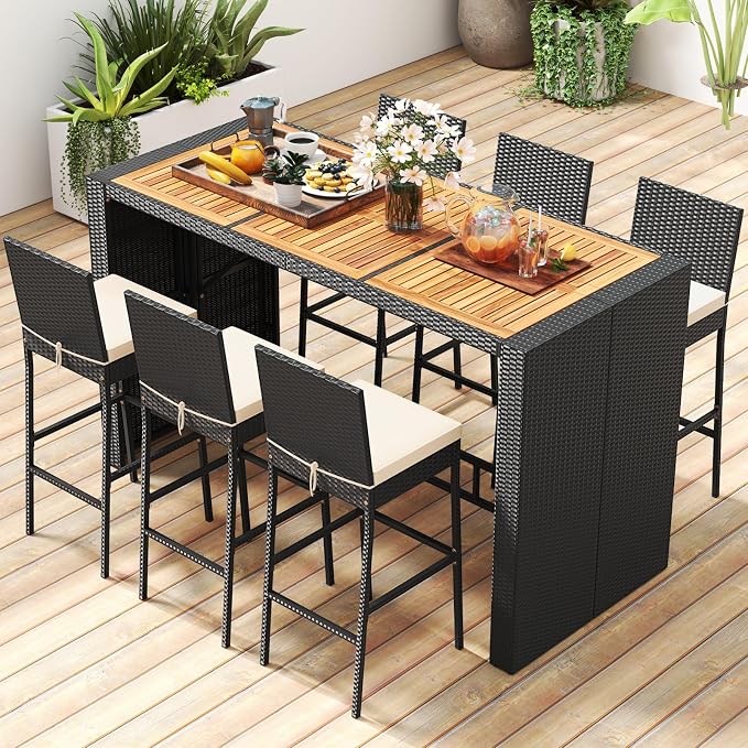COSTWAY 7 PCS Patio Rattan Wicker Bar Set, Footrest and Cushion, Outdoor Table by COSTWAY