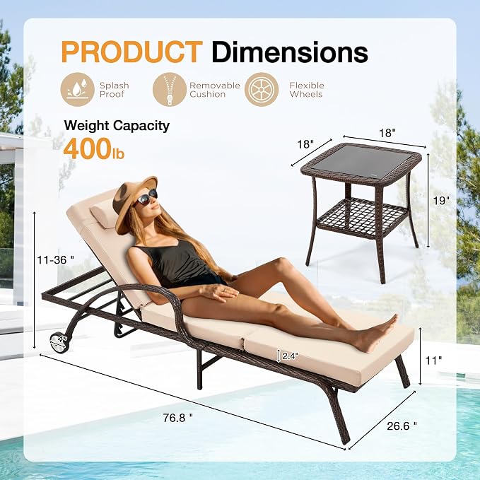 HOMREST Wicker Chaise Lounge Set of 2, Pool Lounge Chair - Image 2