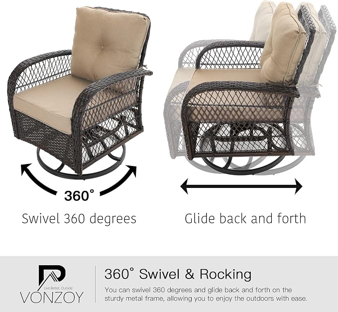 3 Pieces Patio Furniture Set, Outdoor Swivel Glider Rocker, Wicker Patio Bistro - Image 3