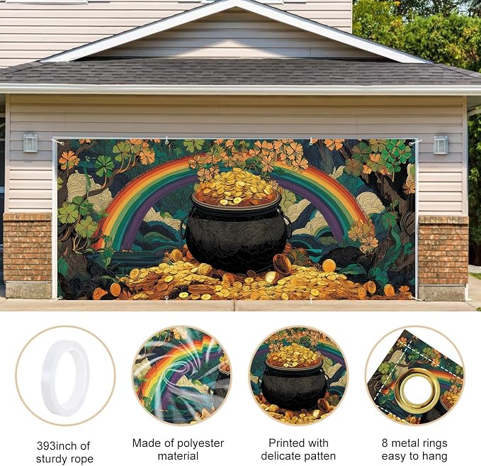 ANNA QUEEN St Patrick’s Day Garage Door Banner 6x13FT, Rainbow and Pot of Gold - Image 4