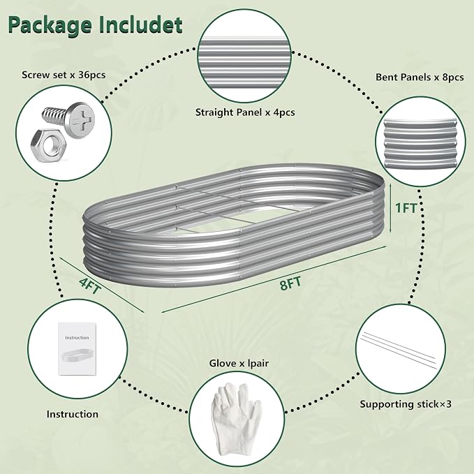2PCS 8x4x1FT Galvanized Raised Garden Bed Kit, Vegetable Boxes-Oval Metal - Image 5