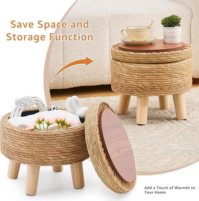 Cpintltr Storage Ottoman Poufs Handwoven Footstool Natural Seagrass Round - Image 6