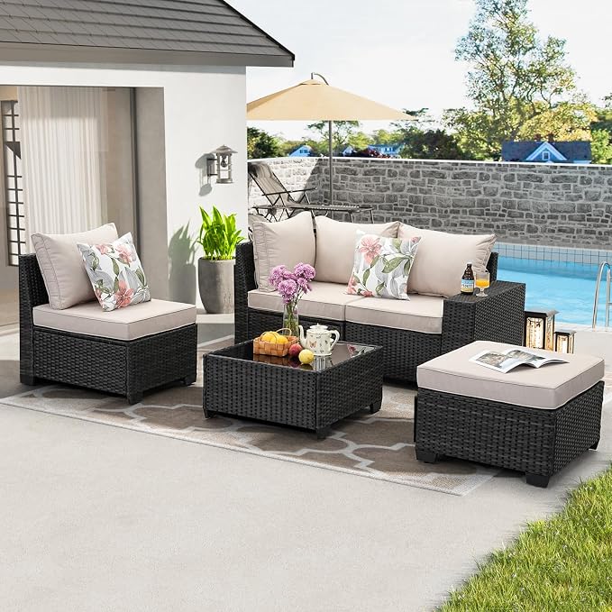 5 Pieces Patio Furniture Set All-Weather Outdoor Wicker Sectional Conversation - Image 7