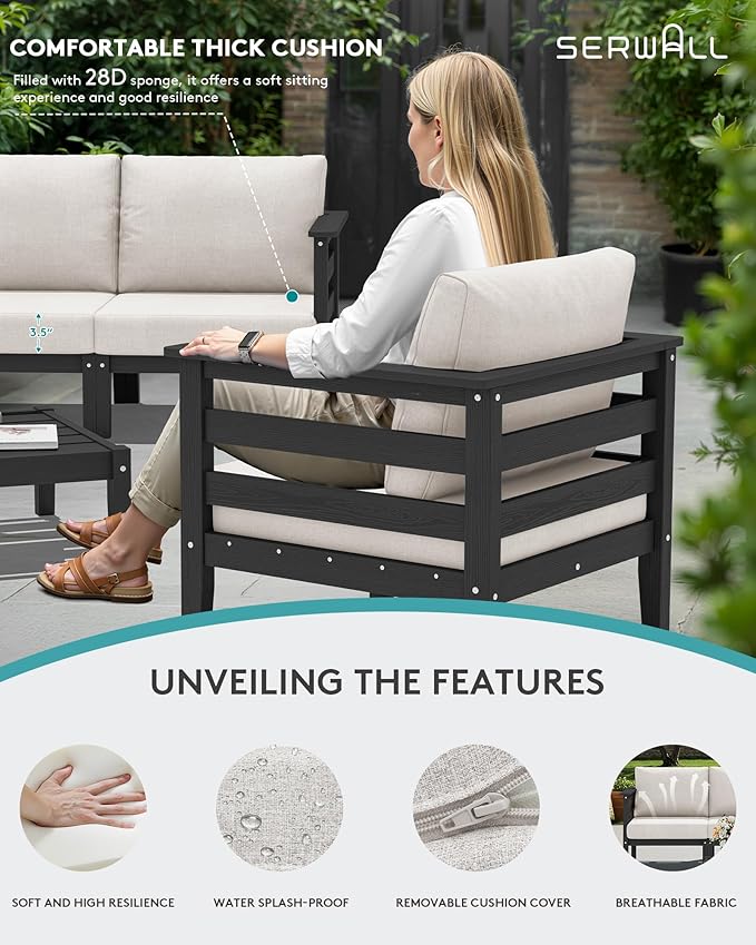 SERWALL HDPE Outdoor Furniture Set, 4 Pieces Patio Sectional Sofa Set, - Image 4