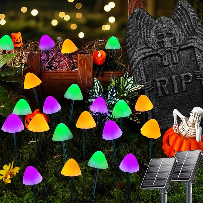 OZS 2PK 55FT 32LED Halloween Orange Purple and Green Solar Mushroom Lights - Image 9