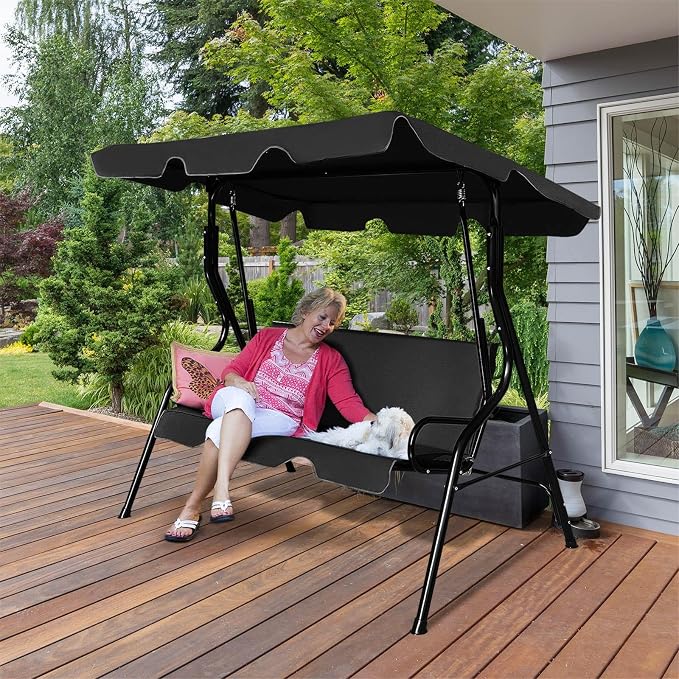 Porch Swing Outdoor, 3 Person Patio Swing w/Removable Cushion, Stand & - Image 3