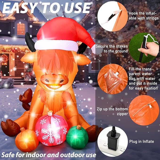 VIHOSE 4.9 FT Christmas Inflatable Cow Decoration Inflatable Highland Cow Cute - Image 3