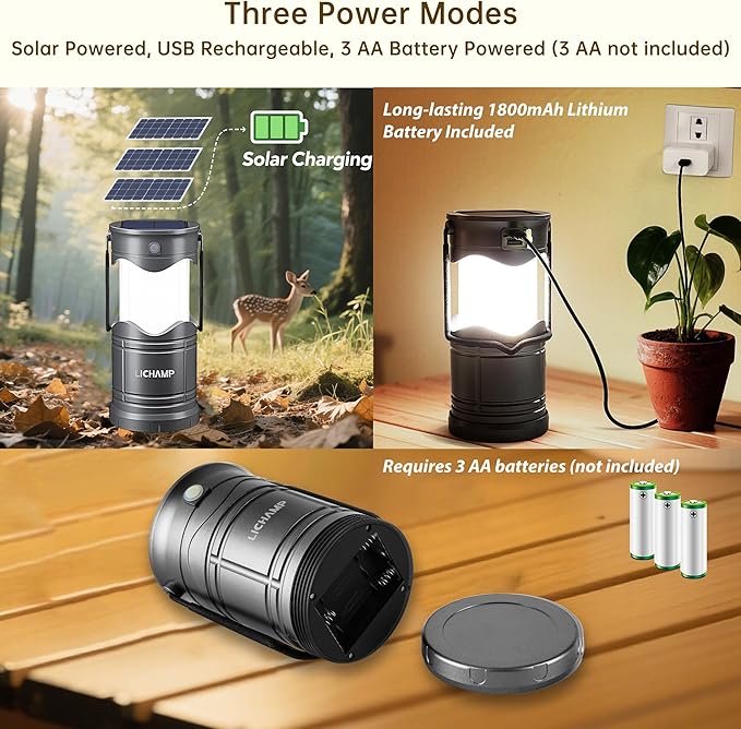 Lichamp 1-Pack Solar Camping Lantern, USB Rechargeable LED Lanterns Battery - Image 2