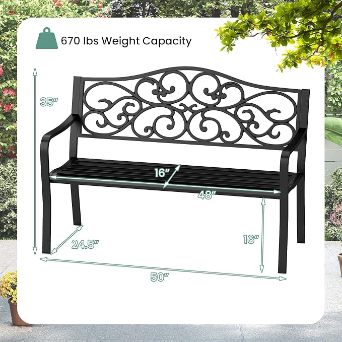 Tangkula 50 Inches Outdoor Garden Park Bench, Cast Iron Metal Patio Bench - Image 3