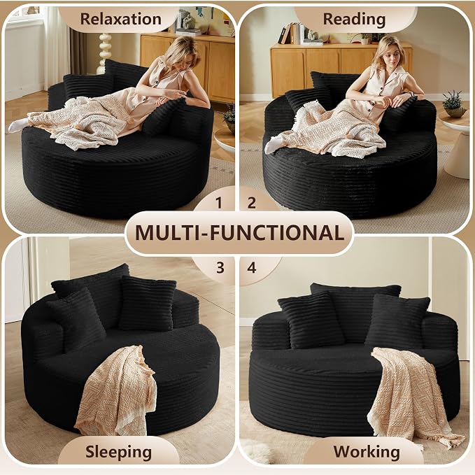 Oversized Round Chair Lounge Chaise Indoor, Upholstered Corduroy Deep Seat - Image 9