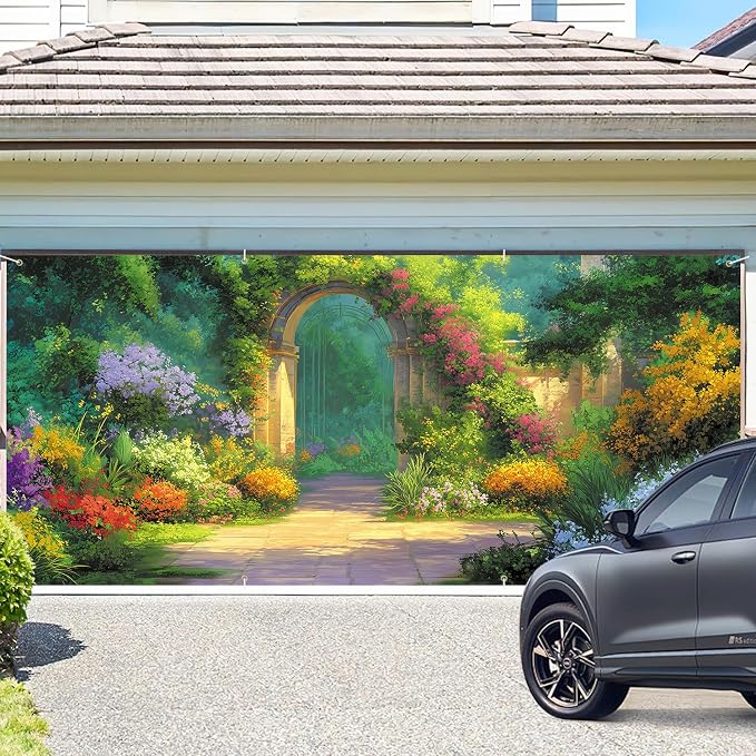 Spring Garden Archway Garage Door Banner 6x13FT, Colorful Flower Path Garage - Image 2