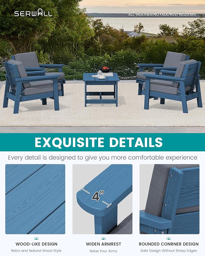 SERWALL Outdoor Patio Furniture Set, 5 Piece HDPE Patio Conversation Sets - Image 4