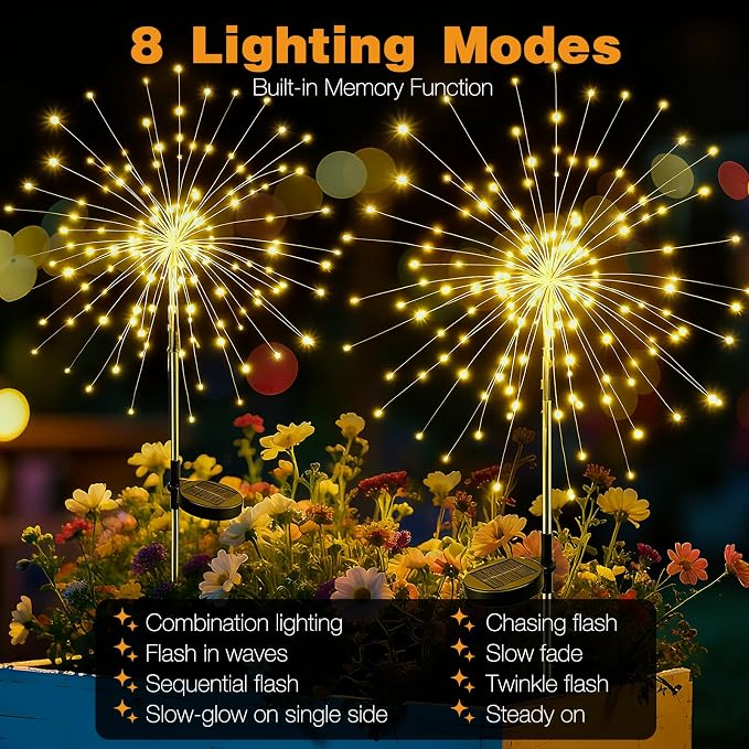btfarm 4 Pack 120 LED Solar Garden Lights Outdoor, 8 Modes Firework Lights - Image 3