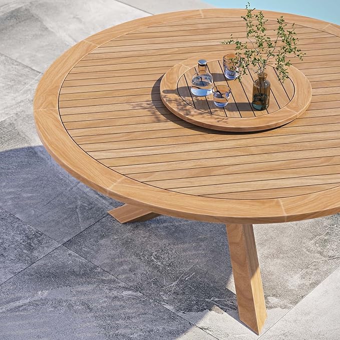Modway Wellspring Outdoor Patio Round Teak Wood 63" Dining Table in Natural - Image 6