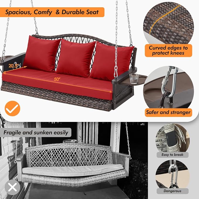 Upgraded Wicker Hanging Porch Swing Heavy Duty 900 LBS 3-Seat Outdoor Patio - Image 6