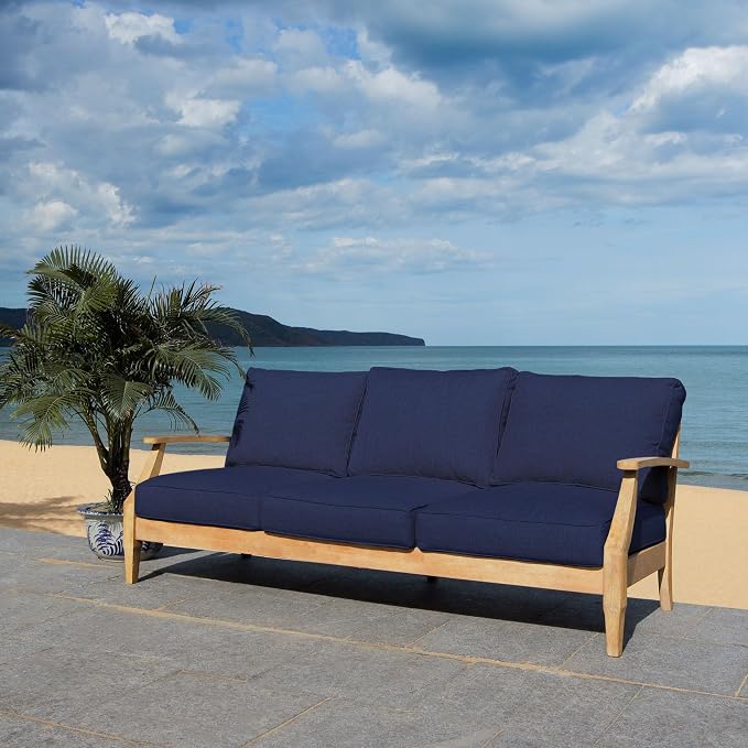 SAFAVIEH Couture Outdoor Collection Martinique Natural/Navy Cushion Solid Wood - Image 2