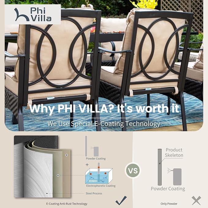 PHI VILLA 7 Pieces Patio Dining Set, Outdoor Round Table and Chairs - Image 8