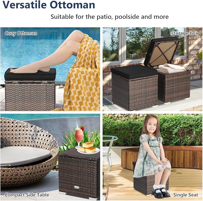 Tangkula 2 Pieces Patio Ottomans, Patiojoy Hand-Woven PE Rattan Side Table - Image 6