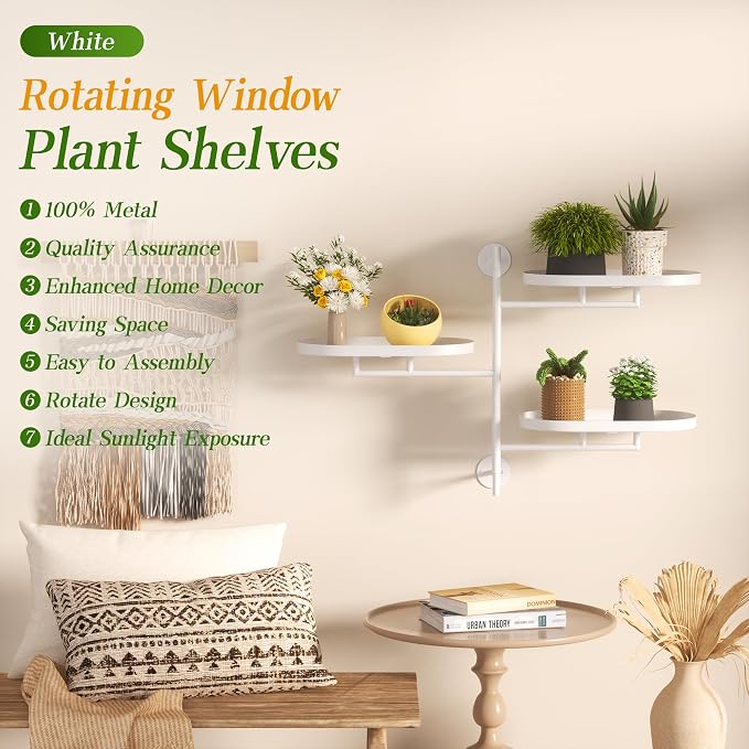 Window Rotating Plant Stand Shelf Indoor White Metal Floating Shelves 3-Tier - Image 6