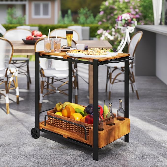 Outsunny Acacia Wood Outdoor Bar Cart, Rolling 2-Tier Outdoor Bar Table - Image 9