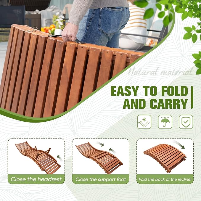 Devoko Patio Chaise Pool Lounge Outdoor Folding Wooden Lounge Chair - Image 5