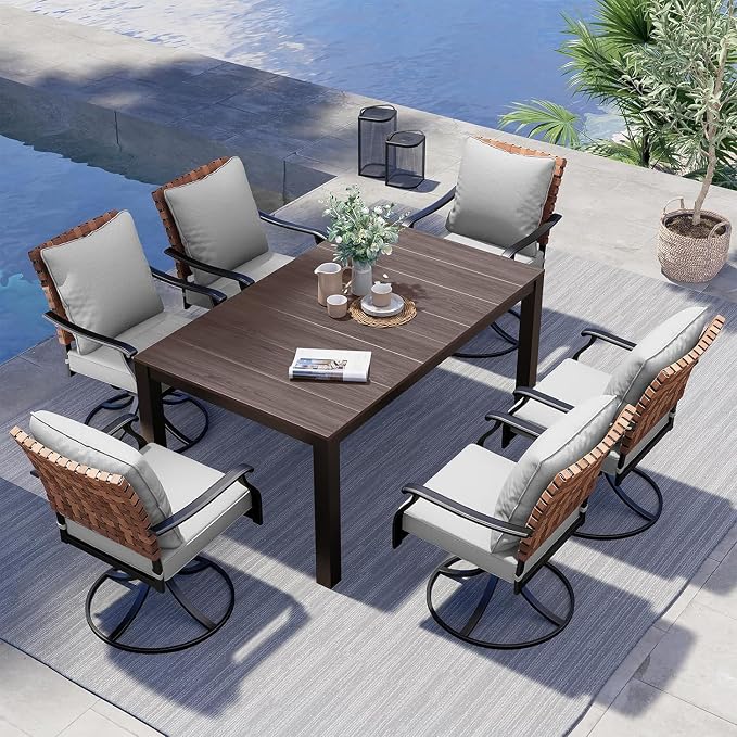 Grand patio 7-Piece Outdoor Dining Set, 6 Leather-Look Wicker Swivel Patio by GrandPatio