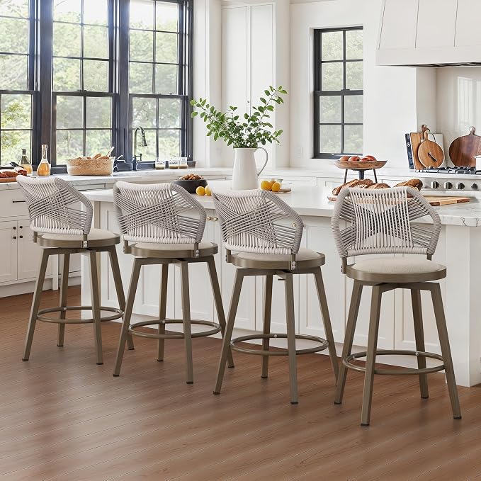 360° Swivel Outdoor Bar Stools Set of 2, Modern Aluminum Wicker Bar Stool - Image 3