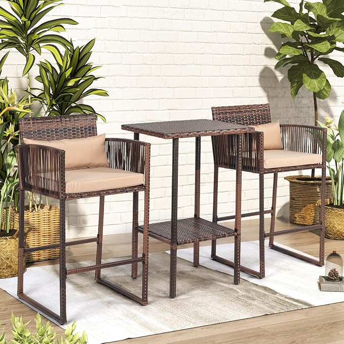 VINGLI 3 PCS Patio Bar Set Wicker, Outdoor Bar Table and Bar Stools - Image 7