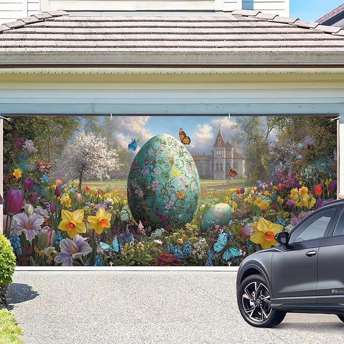 ANNA QUEEN Easter Garage Door Banner 6x13FT, Giant Floral Easter Egg Garden - Image 2