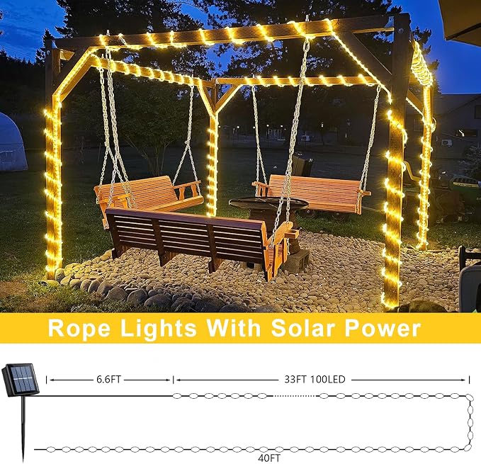 QITONG Warm White Solar Rope Lights, 2 Pack Each 33ft 100 LED String Light - Image 7