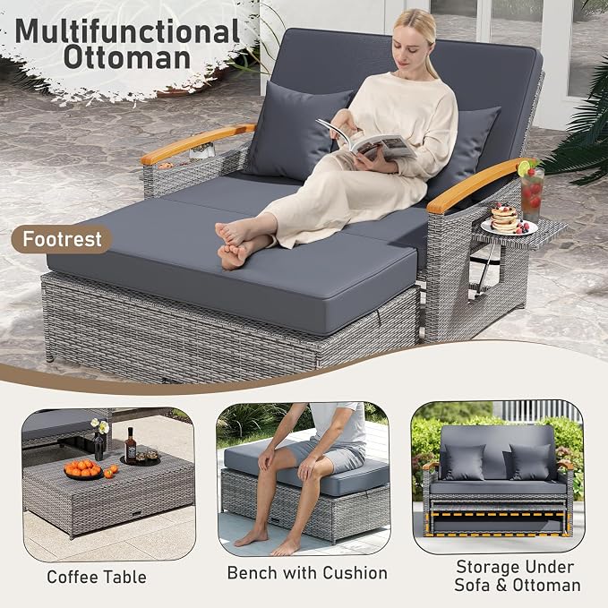 LDAILY Moccha Outdoor Wicker Daybed, Patio Rattan Loveseat Sofa w/ 4-Level - Image 4